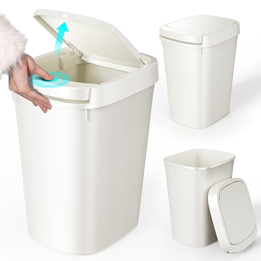 CEROELDA 3 Pack Bathroom Trash Can with Lid, 10L/2.6 Gal Small Garbage Can with Press Top Lid, Slim Plastic Waste Basket for Toilet, Office, Bedroom (White, 3 Pack) by WelcometoCEROELDA