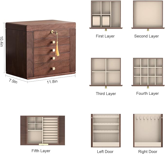 CHOSIN Black Walnut Wooden Jewelry Box for Women with Mirror, 5 Drawers and 2 Side Doors for Watches, Necklaces, Rings, Earrings Storage, Mothers Day Gifts for Mom - Image 5