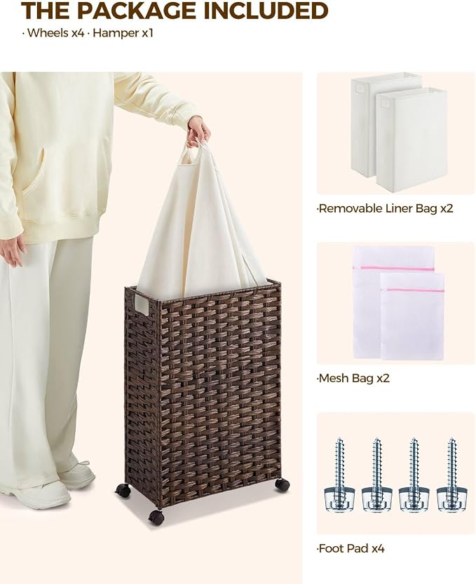 Greenstell Laundry Hamper with Wheels, 11.9 Gallon (45L) Small Clothes Hamper with 2 Removable Liner Bags & 2 Mesh Bags, Slim Rattan Laundry Basket for Bathroom, Bedroom, Brown - Image 3