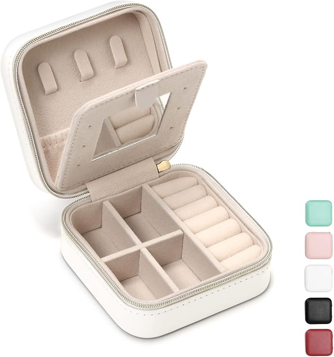 Jewelry Case with Mirror, Small Travel Jewelry Organizer, Portable Mini Storage Box for Rings, Earrings, Necklaces, Gift for Mother Mom, Girl, Daughter, Sisters, Bridesmaids, Mother's Day Gift (White) by TRODANCE