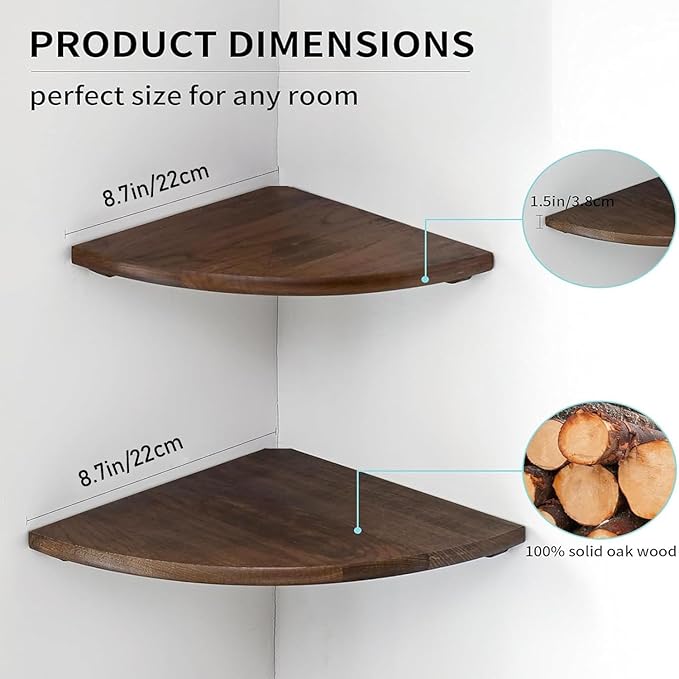 Corner Shelves, Floating Corner Shelf, Set of 2 Solid Oak Wood Wall Shelves, Round End Wall Mount with Wire Hole Shelving for Small Plant for Bedroom Kitchen, Living Room Walnut 8.7” - Image 5