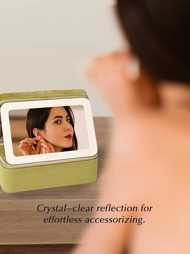 Velvet Travel Jewelry Box with Large Mirror, Double-Layer Jewelry Organizer Case for Women and Girls, Portable Storage Case with 6 Anti-Tarnish Bags Gift Ready for Her (Avocado Green) - Image 7