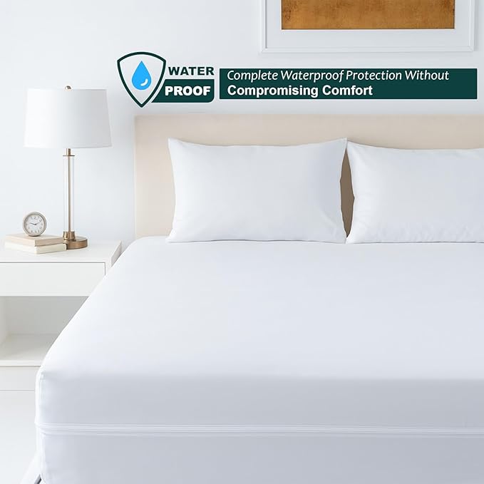 Mattress Protector Twin Size 100% Waterproof Zippered Cover, 15 Inches Deep, Six-Sided Mattress Encasement for Bed, Zipper Closure Style (White)
