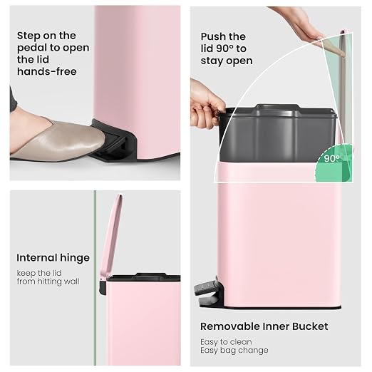 Cesun Small Bathroom Trash Can with Lid Soft Close, Step Pedal, 6 Liter / 1.6 Gallon Stainless Steel Garbage Can with Removable Inner Bucket, Anti-Fingerprint Finish (Pink) - Image 5
