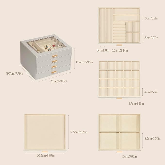 Jewelry Box with Glass Lid, 4-Layer Jewelry Organizer for Women Girls, PU Leather Display Case with 20-Grid Earring Tray & Movable Dividers for Necklaces Rings,Grey - Image 3