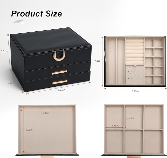 Women's Luxury Jewelry Armoire with Mirror - Compact 2-Drawer Chest with Ring Rolls & Necklace Hooks, Ideal Gift for Women Black - Image 3