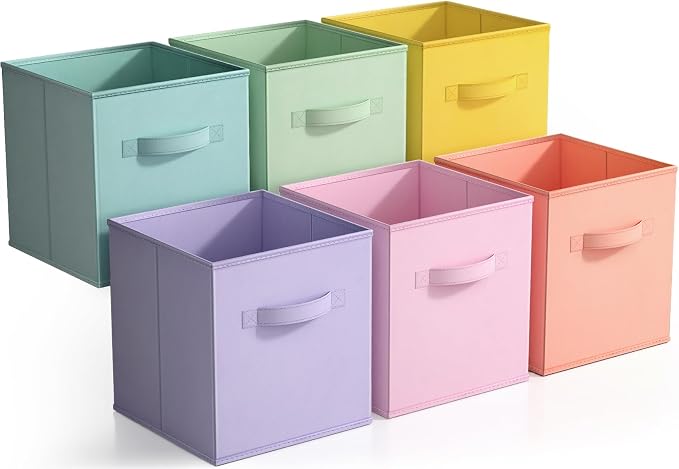 Sorbus 11 Inch Fabric Storage Cubes - Sturdy Collapsible Bins With Handle - 6 Foldable Baskets for Organizing Clothes, Toys, Books - Multi Colored Storage Baskets for Shelves, Kids Room, Closets by Sorbus