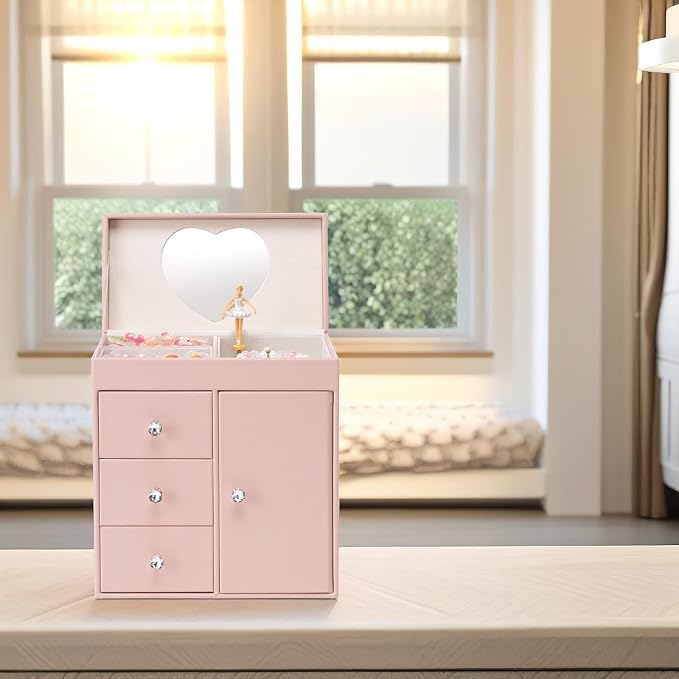 Vlando Musical Jewelry Box with Spinning Ballerina, Girls’ Jewelry Organizer for Necklaces Rings and Hair Accessories, Gift for Girls and Kids, Pink - Image 5