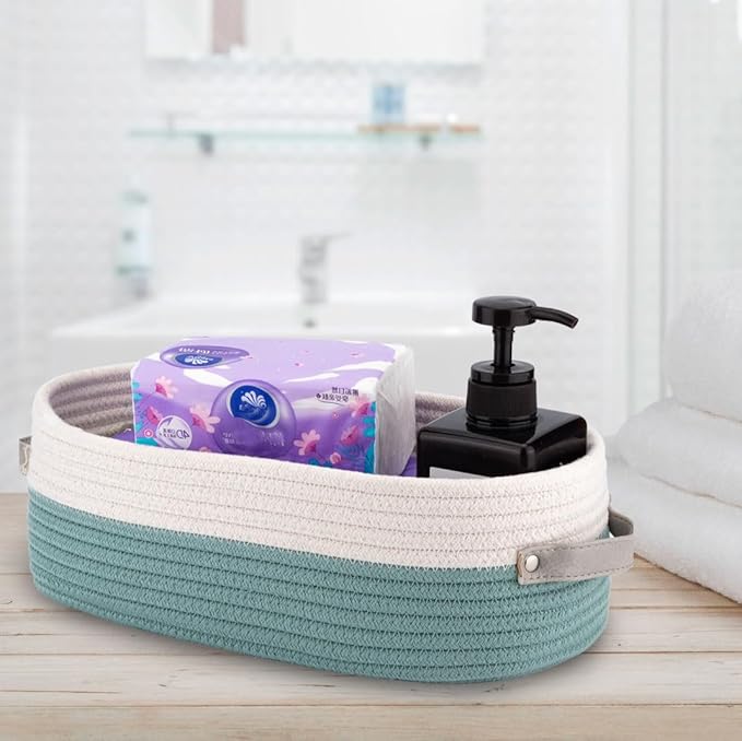 Cotton Rope Woven Toilet Paper Baskets for Organizing Decorative for Boho Decor Small Storage Gift 13"x5.9"x4" Mint Green - Image 6