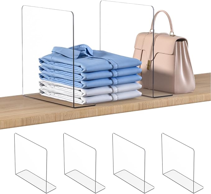 OKPOW Shelf Dividers Closet Organizer - 12" Tall X 11.8" Deep Acrylic Clear Sturdy Separate for Clothes Purse - Adjustable Space Saver Easy Install for Home Organization Enthusiasts 4 Pack by OKPOW