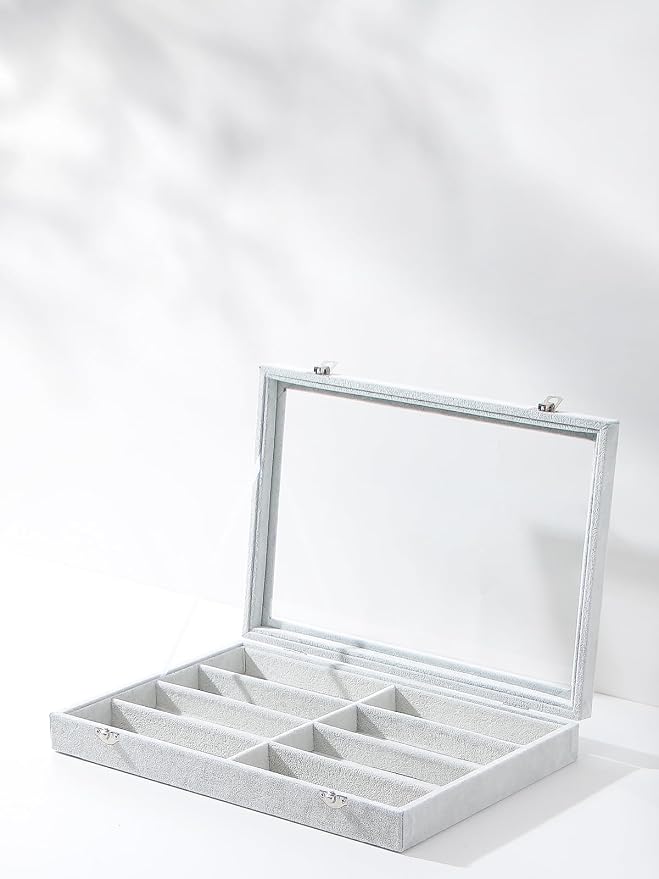 Coward Sunglass Organizer Tray Box, Grey Beige Velvet Eyeglasses Display Tray Case with Transparent Glass Lid for Home Use or Store Shop Selling Show - Image 5