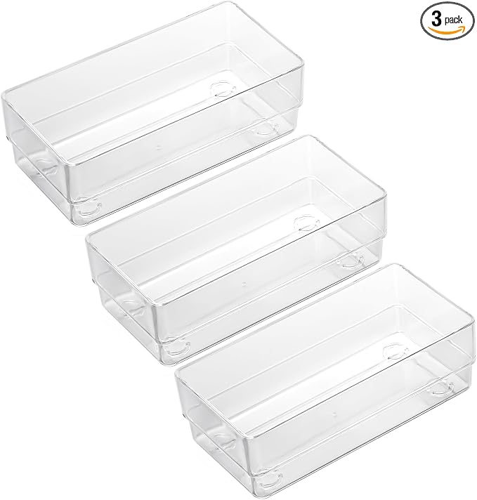 LotFancy Clear Drawer Organizers, 6'' x 3'' x 2'', Set of 3, Drawer Organizer Trays for Desk, Plastic Storage Bins for Bathroom, Makeup, Utensils, Stackable by LotFancy