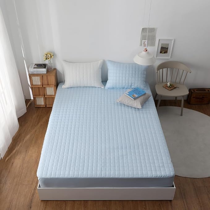 Quilted 100% Cotton Mattress Cover – 6 Colors, Machine Washable, Breathable & Stretchy, Fits up to 16-Inch Deep, Twin/Full/Queen/King (Blue, Queen)