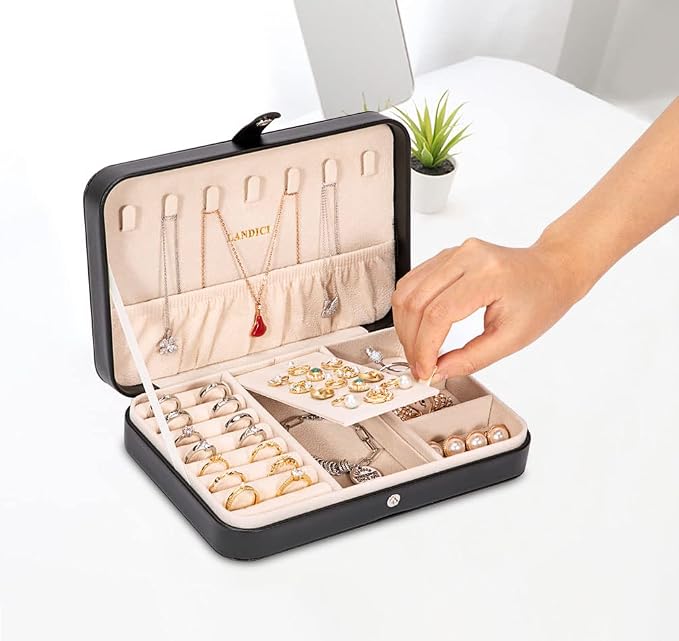 LANDICI Small Jewelry Box for Women Girls, PU Leather Travel Jewelry Case, Portable Jewelry Organizer Storage Holder Display for Ring Earrings Necklace Bracelet Bangle Men Kids Gift, Black - Image 5