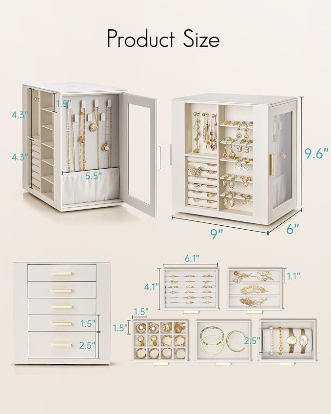 VLANDO 360ｰ Rotating Jewelry Box with 5 Drawers, Mothers Day Mom Gifts, Large Jewelry Storage with 2 Glass Window, PU Leather Jewelry Organizer for Bracelets, Necklaces, Earrings, Rings - Cloud White - Image 3