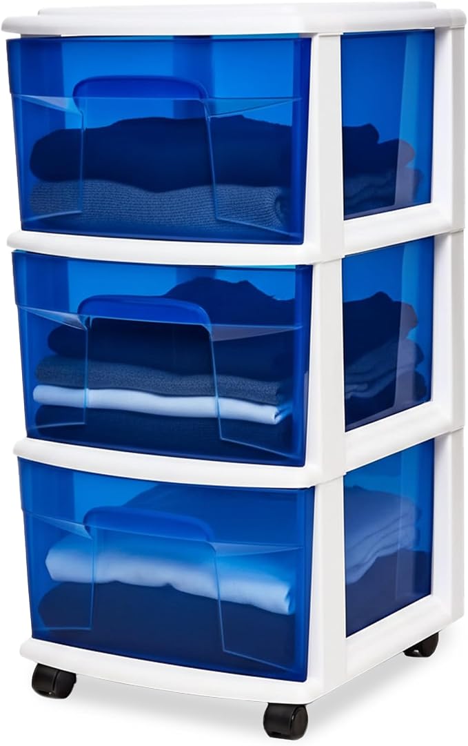 HOMZ Drawer Tower, 3-Tier Clear Blue Plastic Storage Organizer Cart, White Frame - Rolling Drawer Containers with Wheels for Bathroom, Bedroom, Office, and Classroom Organization by Homz