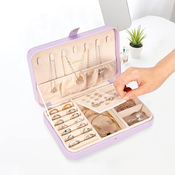 LANDICI Small Jewelry Box for Women Girls, PU Leather Travel Jewelry Case, Portable Jewelry Organizer Storage Holder Display for Ring Earrings Necklace Bracelet Bangle Men Kids Gift, Lavender - Image 5