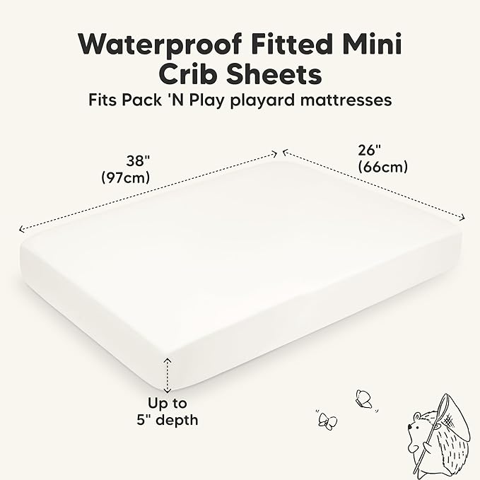 2-Pack Waterproof Pack and Play Sheets, Mini Crib Sheets Fitted for Boy, Girl - 38 x 26 Viscose From Bamboo Pack N Play Mattress Sheets for Graco, Toddler Playard Baby Crib Sheets Neutral (Soft White)