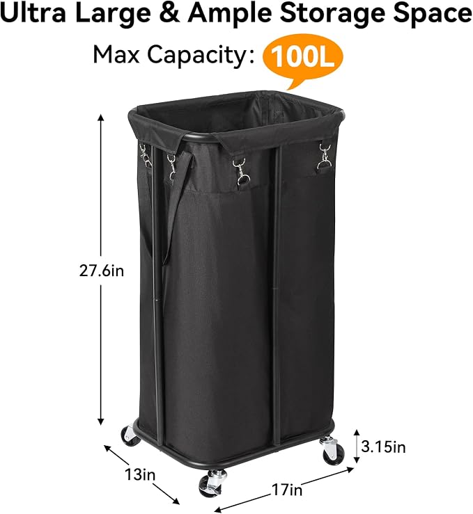WOWLIVE 100L Rolling Laundry Hamper with Wheels Large Laundry Basket Organizer Laundry Cart with Steel Frame and Removable Bag Foldable Tall Dirty Clothes Hamper Dorm Room Storage for Bedroom (Black) - Image 4