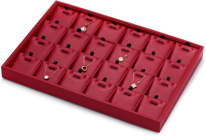 Oirlv Gorgeous Red Leather 24 Grid Jewelry Tray with Removable Inserts Jewelry Cards Stackable Necklace Trays Necklace Drawer Organizer - Image 5