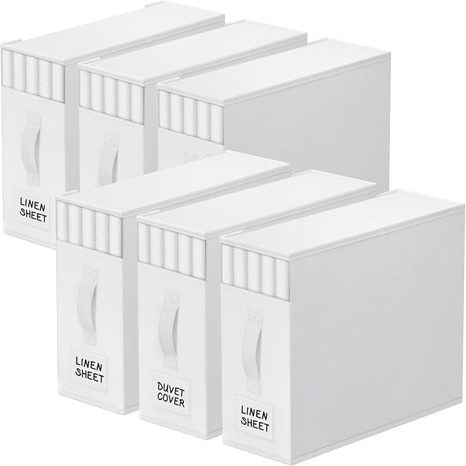 StorageTastic 6 Pack Bed Sheet Closet Organizers and Storage,Sturdy Foldable Storage Containers with Window and Label,Storage and Organization for Bedding Sheets,Duvet Covers,Blankets (White) by StorageTastic