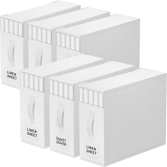 StorageTastic 6 Pack Bed Sheet Closet Organizers and Storage,Sturdy Foldable Storage Containers with Window and Label,Storage and Organization for Bedding Sheets,Duvet Covers,Blankets (White) by StorageTastic