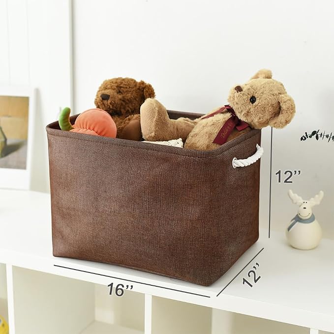 TheWarmHome Organization and Storage Basket for Shelves - 3 Pack 16x12x12 inch Fabric Storage Cubes, Cube Storage Bin for Organizing Closet Cloth Organizer Gift Toy (White & Brown) - Image 5