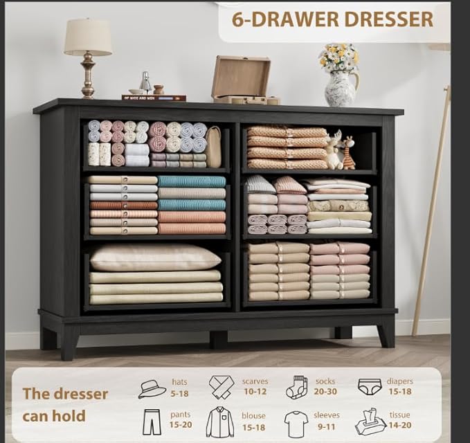 GarveeHome 6 Dresser for Bedroom, 47 in Wide Drawer Dresser with Storage Freestanding, Wooden Closet Storage Chest for Living Room, Bedroom, Entryway, Dark Black