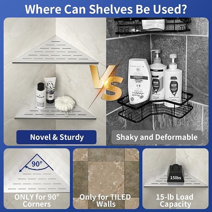 Corner Shower Shelf, 12" Brushed 304 Stainless Steel Slot Design Recessed Corner Shelves 2 Pack Bathroom Grout in Shelf for Tiled Wall, Large Size - Image 5