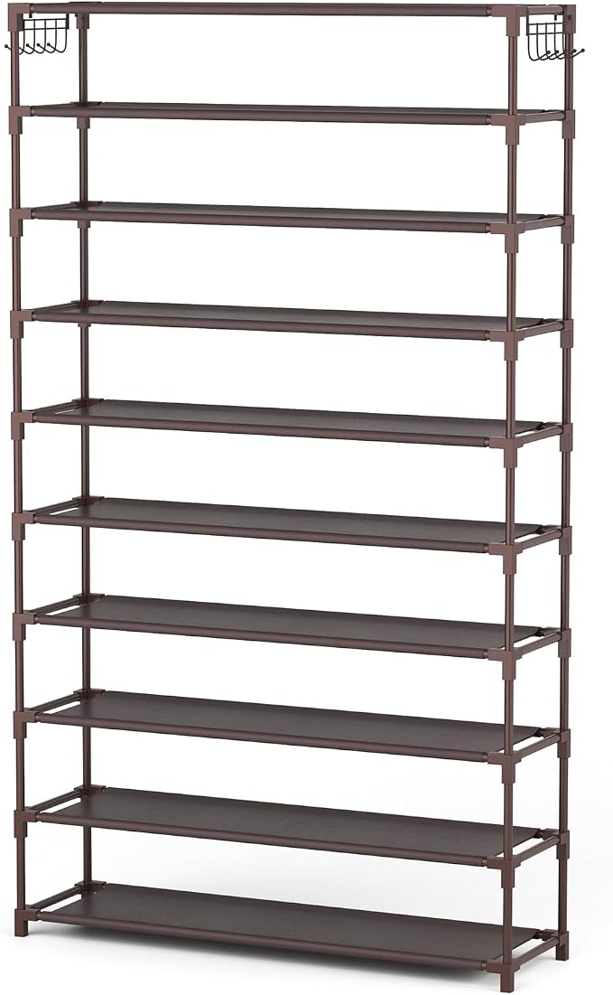 LANTEFUL 10 Tiers Shoe Rack 50 Pairs Large Capacity Tall Shoe Organizer Sturdy Shoe Storage with Two Hooks Space Saving Metal Wide Shoe Rack for Closet, Entryway, Bedroom, Brown - Image 8