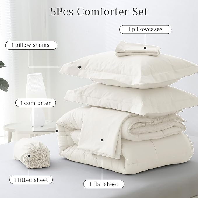 JOLLYVOGUE Twin XL Comforter Set, Ultra-Soft Bed in a Bag Twin XL Size 5 Pieces, Oeko-TEX Certified Bedding Set with Down Alternative Comforter, Sheets, Pillowcases & Shams, Ivory