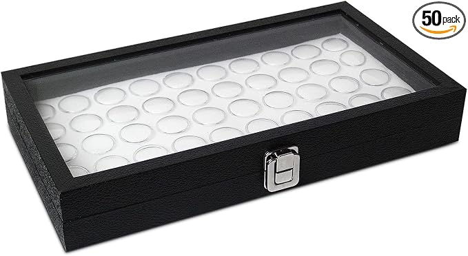 MOOCA Glass Top Jewelry Display Case with Removable 50 Gem Jars, Removable Liner, Ring, Earring Diamond Showcase, Gem Box, Jewelry Organizer, Leatherette-Wrapped Case by Mooca