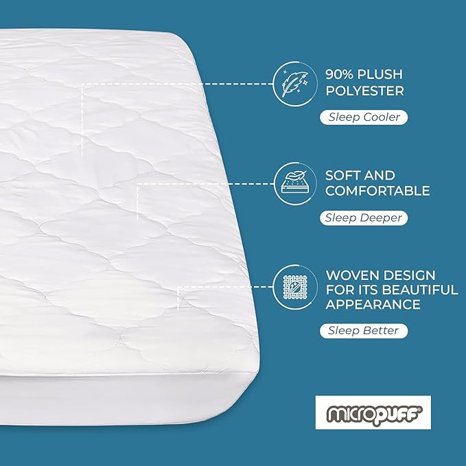 Micropuff Fitted Mattress Pad - Full Size (54" x 75") Mattress Pad - Soft and Comfortable Fitted Mattress Protector - Mattress Cover Stretches 12 to 15 Inches Deep - Easy to Wash