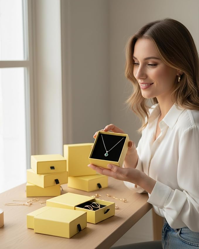 Jewelry Gift Box Velvet-Lined, 12 Pack Compact Drawer Style for Earrings & Rings, Necklace & Bracelet Organizer, Stackable Jewelry Display & Storage Box, Elegant Jewelry Storage (Yellow) - Image 4