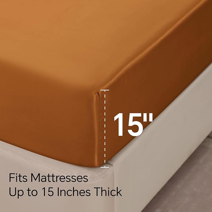 BEDELITE Satin Sheets Queen Size Bed Set, Luxury Soft Burnt Orange Silky Sheets for Hair and Skin, Similar to Silk Bed Sheets Set 4 Pieces with 1 Deep Pocket Fitted Sheet, 1 Flat Sheet, 2 Pillowcases