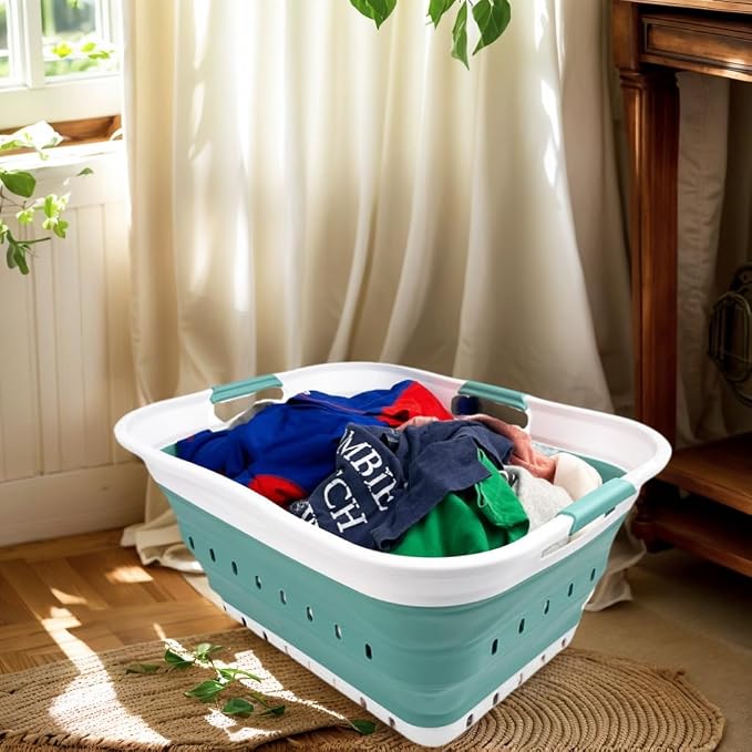 SAMMART 42L (11 gallon) Collapsible Plastic Laundry Basket - Foldable Pop Up Storage Container/Organizer - Space Saving Hamper/Basket (1, White/Celadon Green) - Image 2