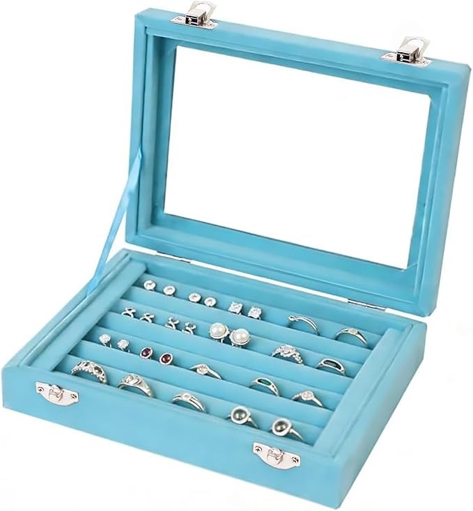 Jewelry Box Rings Organizer Tray 7 Slots Velvet Jewelry Earring Storage Box With Transparent Lid Jewelry Display Case for Girls Women (Light Blue) by EONGOA