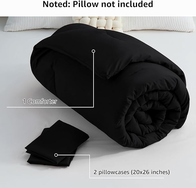 CozyLux Comforter Full Size Set Black, 3 Pieces Solid Lightweight Soft Bed Set for All Season, Luxury Breathable Quilted Style Microfiber Down Alternative Bedding Sets (1 Comforter & 2 Pillowcases)