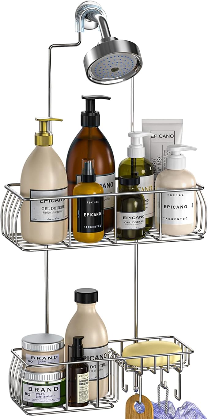 Epicano Anti-Swing Hanging Shower Caddy Stainless Steel 304, Over Head Shower Caddy Rustproof with hooks for Towels, Sponge and more, Chrome by Epicano