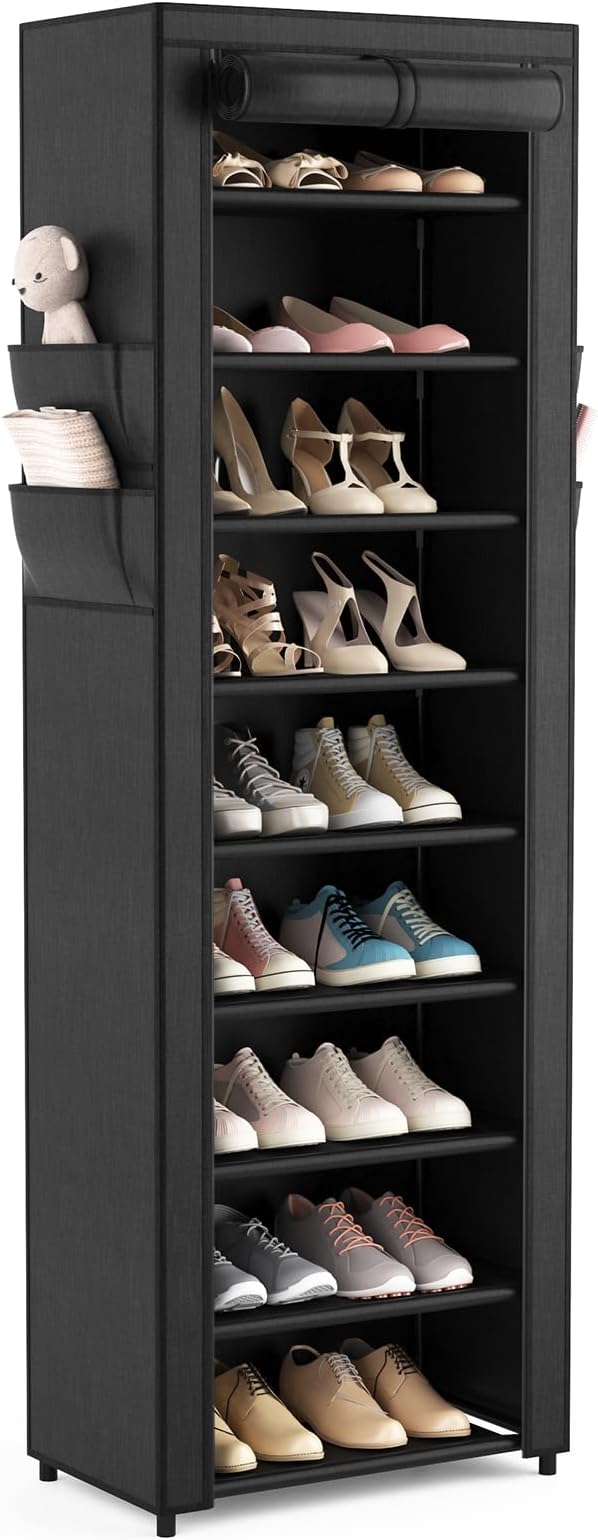 VILICK Shoe Rack with Cover Narrow Shoe Organizer with 4 Side Pockets 10 Tier Tall Shoe Storage Holds 18-22 Pairs Shoes and Boots Shoe Rack for Closet Entryway Garage by VILICK