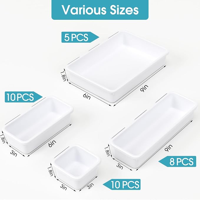 33 PCS Drawer Organizer Set, 4 Size Makeup Drawer Divider Organizer With Non-Slip Pads, Interlocking Plastic Storage Bins for Office,Jewelry Vanity,Gadgets, Bathroom,Kitchen, White - Image 2