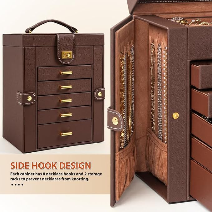AKOZLIN Jewelry Box Organizer Functional Leather Jewelry Storage Case for Women Girls Ring Necklace Earring Bracelet Holder Organizer with Mirror Brown - Image 5