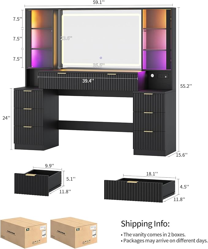 HAUOMS Big Vanity, 59.1" Fluted Wood Makeup Vanity Desk with Mirror and Sound Sync LED Lights, Large Vanity Dressing Table, 8 Drawers, 2 Glass Cabinets, with Charging Station for Girls, Women (Black)