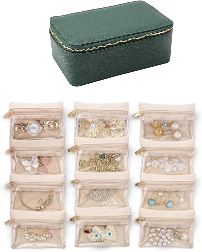 NCONCO Travel Jewelry Box, Portable PU Leather Travel Jewelry Organizer with 12pcs Velvet Bags Compact & Lightweight Travel Jewelry Case for Necklaces Rings Earrings Sorting Storage - Image 8