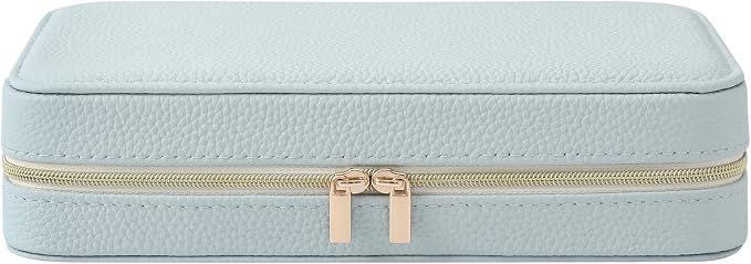 Genuine Leather Travel Jewelry Organizer Case Box with Mirror for Women, Small Mini Portable Jewelry Box for Ring Earrings Necklace Bracelet Luxury Gift for Women（Light Blue） - Image 2