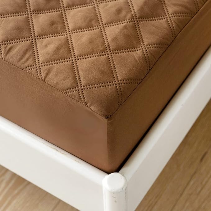 jejeloiu Brown Quilted Mattress Pad, 100% Waterproof Breathable Twin Bedding Fitted Sheet Mattress Protector 14" Deep Pocket Cotton Snow Down Alternative Filling Mattress Cover (Twin,Brown)