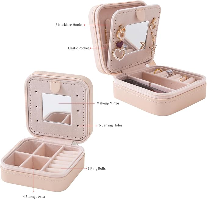 KElofoN Travel jewelry case Travel jewelry box Travel Jewelry Organizer Small box Gift for Girls Women with Mirror(Pink) - Image 4