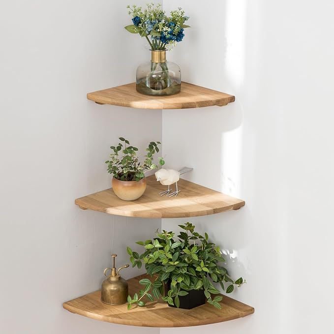 Corner Shelves, Floating Corner Shelf, Set of 3 Solid Oak Wood Corner Wall Shelves, Round End with Wire Hole Shelving for Small Plant for Bedroom Kitchen, Living Room (Size 9/10/12in) by Coamily
