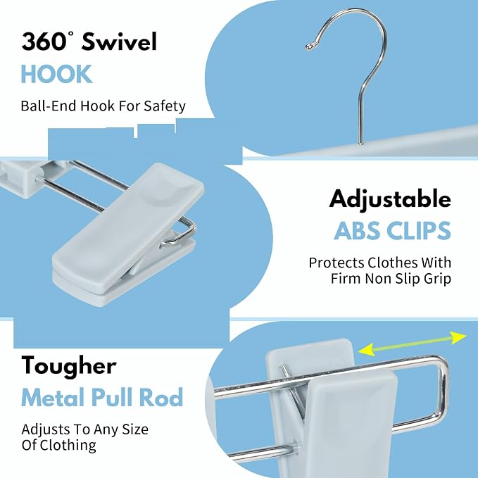 Skirt Hangers, Pants Hangers with Clips，360 ° Swivel Hooks Space Saving Hangers for Pants, Skirts, Clothes, Jeans (30 Pack, Light Blue) - Image 4