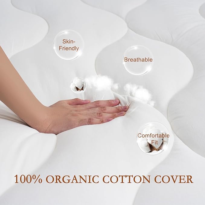 YOUR MOON 100% Organic Wool Mattress Topper King Size, Thick Pillow Top Mattress Pad, 800GSM Natural Wool Filling, Back Pain Relief Bed Topper with Cotton Cover-16'' Depth, 78"x80" (Striped White)